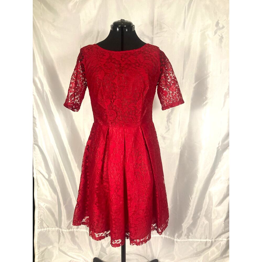 8 Danny and Nicole Red Lace Fit Flare Skater Formal dress Half sleeve Boho midi